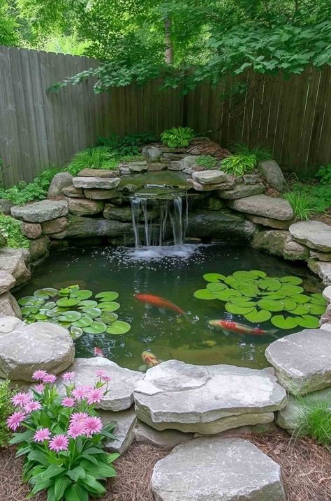 Small Backyard Ponds, Diy Ponds Backyard, Fish Pond Gardens, Garden Pond Design, Small Pond, Garden Waterfall, Pond Landscaping, Backyard Water Feature, Corner Garden