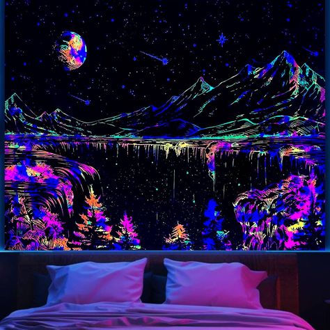 PRICES MAY VARY. Glow in the Dark Tapestry: The blacklight tapestry with high printing technology would very unique, this space mountains tapestry looks amazing effect under black lights and under led color changing lights, you’ll get different visual enjoyment under different lights Unique Design: This mountains tapestry is nature artistic design. The mountains and nature forest trees and river form a beautiful, peaceful and calming scenery. Natural forest landscape tapestry makes the room cozy Glow In The Dark Room Ideas Bedrooms, Black And Neon Bedroom, Black Light Room Ideas, Blacklight Bedroom, Mountains Tapestry, Neon Mountain, Black Light Tapestry, Calming Scenery, Dark Tapestry