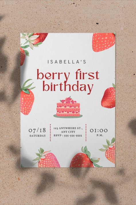 Celebrate your little one's first birthday with this adorable Berry First Birthday Invitation. The modern strawberry design is perfect for a berry-themed party, & the digital download makes customization and printing a breeze. The Berry First Birthday Invitation is an excellent choice for parents who want to celebrate their child's first birthday with an adorable and trendy design. The strawberry theme is perfect for a berry-themed party, & the editable digital template makes customization easy. Colorful First Birthday, Berry First Birthday Invitation, Template Cute, Strawberry Theme, First Birthday Invite, Berry First Birthday, Strawberry Design, Birthday Party Design, 1st Birthday Party Themes