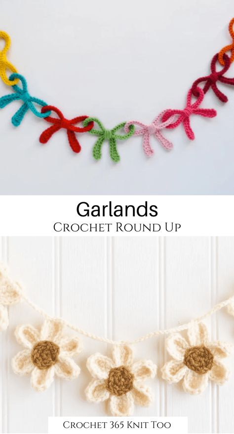 Crochet Flower Garland Tutorial, Chic Crochet Projects, Small Crochet Wall Hanging Pattern Free, Crochet Flower Banner, Crochet Winter Decoration, Crochet Ideas Begginers, Crochet Projects Home Decor, Crochet Banner Pattern, Crochet Spring Garland Free Pattern