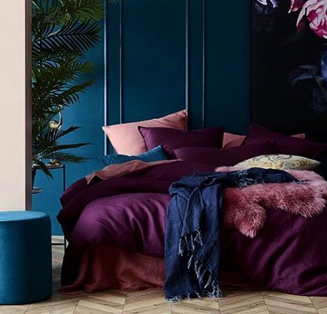 Interior Parlour on Instagram: “Burgundy bedroom - Chaos and calm . . . . #bedroom #bluehome #inspohome #inspo #homedecor #homeinterior #interiordesign #interior123…” Apartments Modern, Apartment Industrial, Apartment Garage, Apartments Design, Apartment Cozy, Loft Apartments, Barn Loft, Washed Linen Duvet Cover, Aesthetic Studio