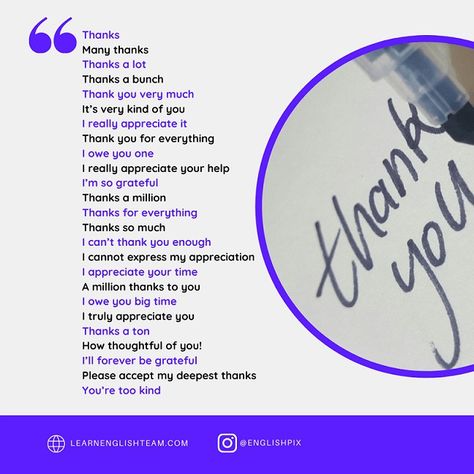 Thank You Synonyms, American English Words, English Synonyms, Hakeem Tariq, Other Ways To Say, Conversational English, Thanks For Everything, English Vocabulary Words Learning, I Really Appreciate