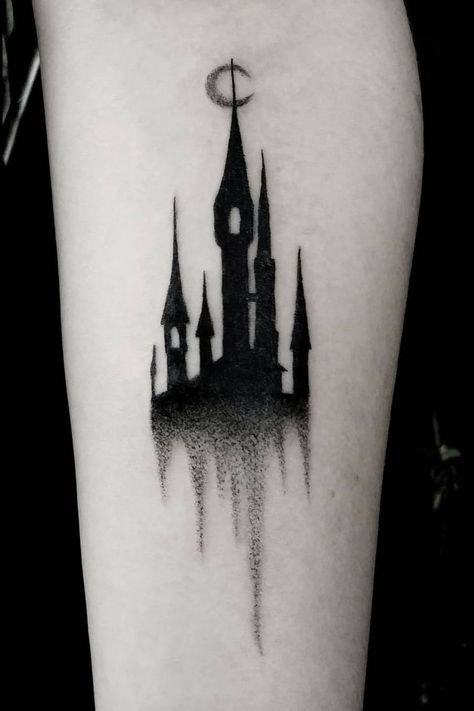 Dark Castle Tattoo, Gothic Castle Tattoo, Castle Tattoo Design, Skull Hand Tattoos, Pumpkin Tattoos, Haunted House Tattoo, Wand Tattoo, 12 Tattoos, Skull Hand Tattoo