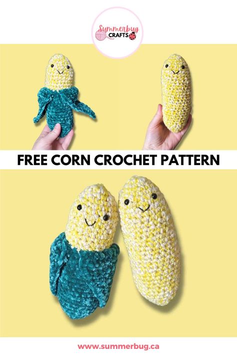 Free Corn Crochet Pattern at www.summerbug.ca Crochet Corn Pattern, Corn Plushie, Crochet Corn, Corn Crochet, Beginner Amigurumi, Easy Amigurumi Pattern, Easy Amigurumi, Corn Cob, Crochet Fruit