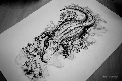 black and white version by Yana Nevodnichek Alligator Sketch, Louisiana Tattoo, Alligator Tattoo, Crocodile Tattoo, Tattoo Black And White, Lotus Tattoo Design, Amphibious Vehicle, Just Ink, Tattoo Sketch