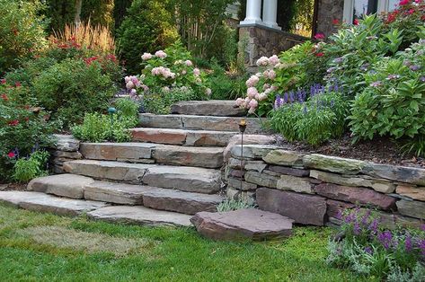 Retaining Wall Steps, Terraced Landscaping, Terraced Backyard, Garden Retaining Wall, Stone Steps, Landscaping Retaining Walls, Garden Stairs, Tiered Garden, Stone Stairs