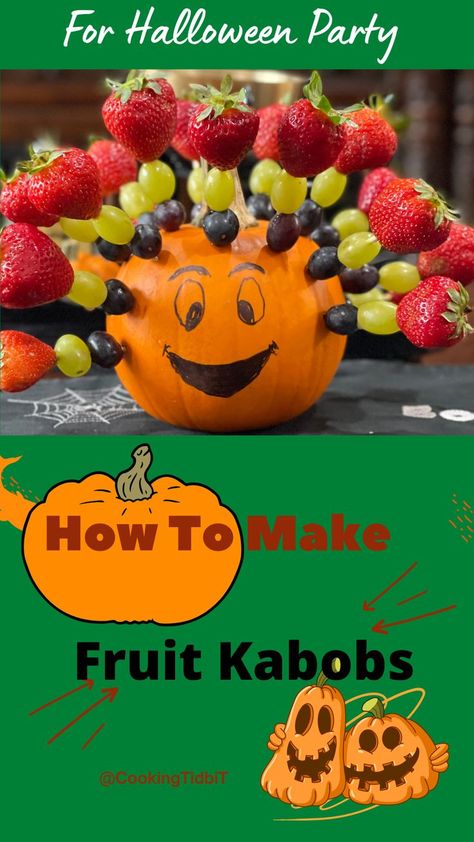 Halloween Fruit Skewers Ideas, Halloween Fruit Kabob, Easy Halloween Fruit Tray, Fruit Kabobs Halloween, Pumpkin Fruit Skewers, Pumpkin With Fruit Skewers, Pumpkin Fruit Kabobs, Spooky Fruit Platter, Fruit Skewers Ideas Parties Food