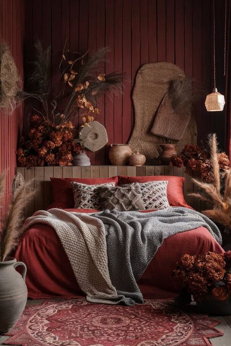 Create a warm, rustic bedroom with autumn tones featuring rich red and burnt orange hues. Wooden paneling, knitted throws, and patterned pillows add texture, while earthy pottery and dim lighting complete the cozy fall aesthetic. #RusticAutumnDecor #CozyBedroomVibes #FallAesthetic #WarmRusticCharm #KnittedThrows #AutumnBedroomInspiration #BurntOrangeDecor #PersianRugStyle #EarthyTextures #RusticWarmth Rustic Red Bedroom, Rustic Orange Bedroom, Red Bedroom Ideas, Wooden Paneling, Burnt Orange Decor, Inviting Aesthetic, Cozy Bedroom Design, Fall Bedding, Rustic Bedroom Decor