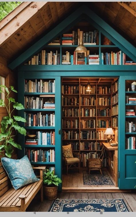 Reading Shed, Cozy Home Library, Reading Corners, Bookshelves In Bedroom, Library Inspiration, Dream Library, Library Aesthetic, Home Library Design, Boho House