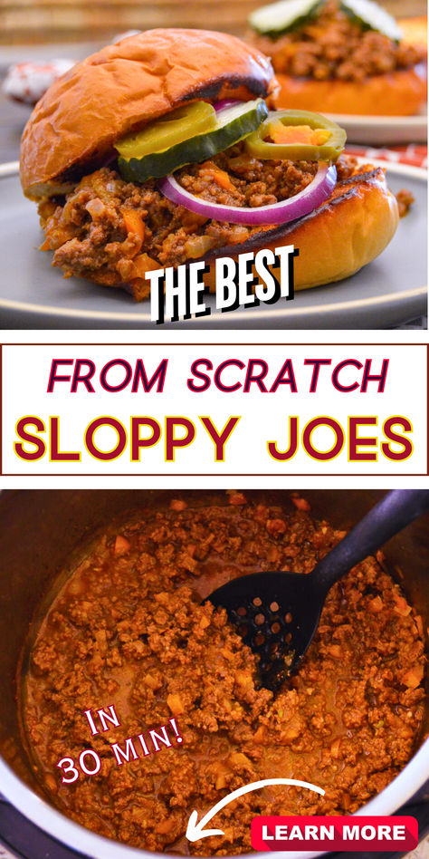 2 photos of sloppy jo in a bun and sloppy joe mix in an instant pot Instant Pot Sloppy Joes, Homemade Sloppy Joes, Gluten Free Buns, Quick Dishes, Healthy Weeknight Meals, Best Instant Pot Recipe, Supper Recipes, Quick Weeknight Dinners, Sloppy Joes