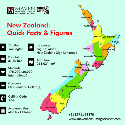 Capital : wellingion Language : English, Maori, New Zealand Sign Language Area Size : 268,021 km2 Students : 175,000 (30,000 international) Currency : New Zealand Dollar ($) Academic Year : March - October Calling Code : +64 Population : 5.1 million New Zealand Facts, Maori New Zealand, New Zealand Dollar, International Currency, Study In New Zealand, Bay Of Plenty, South Seas, Sign Language, Language English