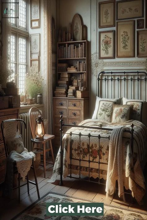 Vintage Cottage Bedroom Ideas, English Cottage Interiors Bedroom, Old Bedroom Vintage, Farmhouse Bedroom Aesthetic, Romantic Vintage Bedroom Ideas, Vintage Cottage Bedroom, Cottagecore Bedrooms, Vintage Style Bedroom, Cottagecore Bedroom Ideas