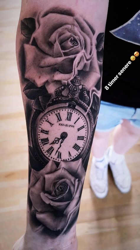 Clock And Rose Tattoo Design For Men, Rose And Clock Tattoo Design, Rose And Watch Tattoo, Rose And Clock Tattoo, Lace Rose Tattoos, Rose Tattoo Men, Clock And Rose Tattoo, Watch Tattoo Design, Tiger Tattoo Sleeve