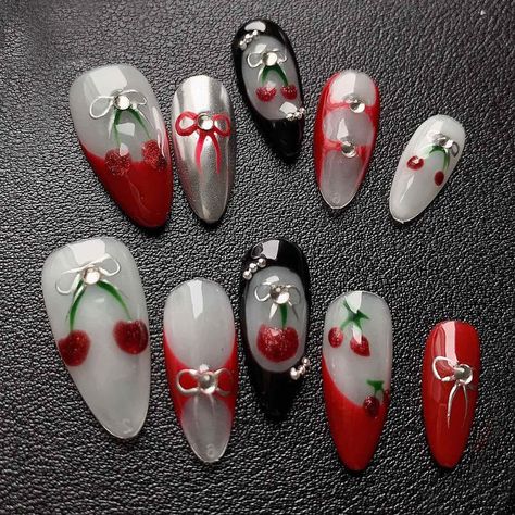 #NailGoals #BeautyStyle #NailDesignInspo #nailart #personalizednails #naildesigns #freshlook #nailtrend #nailsnailsnails #nails #naildesign #nailart #pressonnails #pressons Cherry Theme Nails, Cherry Themed Nails, 3d Cherry Nails, Cherry Pedicure, 21st Nails, Cherry Decorations, Cherry Theme, Theme Nails, Cherry Nail Art