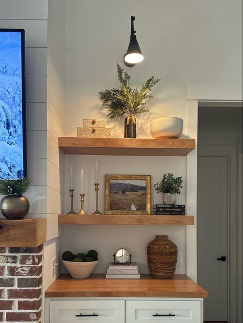 Dining Room Cabinet With Floating Shelves, Shelves On Large Wall, Floating Shelves With Sconces Above, Mounted Shelves Living Room, Modern Farmhouse Floating Shelf Decor, Floating Shelves On Shiplap Wall, Modern Floating Shelves Living Room, Styling Floating Shelves Living Room, Floating Shelves Dining Room Wall