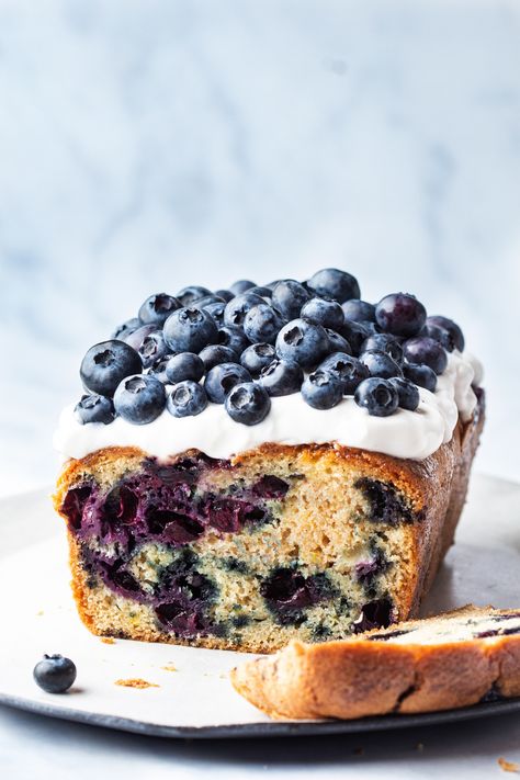 vegan lemon blueberry loaf topped yoghurt Blueberry Cake Recipe, Blueberry Lemon Cake Recipe, Vegan Bakes, Lemon Blueberry Cake, Lazy Cat Kitchen, Resipi Kek, Blueberry Cake Recipes, Cat Kitchen, Blueberry Lemon Cake