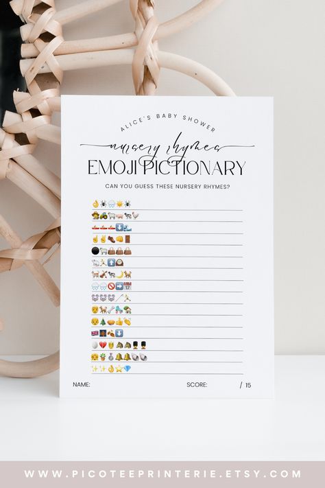 Take a trip down memory lane with our Emoji Pictionary Quiz Printable Game! Can you guess these nursery rhymes based on the emojis? Our modern minimalist style and gender-neutral design make it the perfect addition to any baby shower. The simple black and white color scheme is both elegant and timeless. Our editable and printable game template allows you to customize the game to fit your needs. Find matching baby shower decor in our shop to complete the look! Emoji Baby Shower Game, Baby Shower Emoji Game, Couples Baby Shower Games, Office Baby Showers, Emoji Quiz, Emoji Pictionary, Nursery Rhymes Games, Emoji Games, Baby Shower Activity