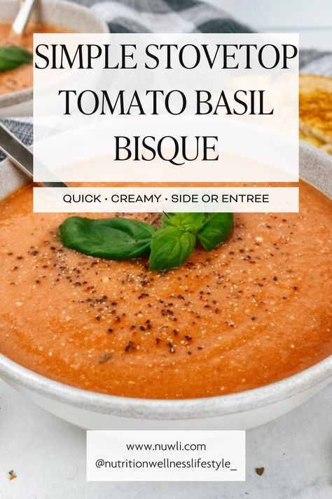 This Simple Stovetop Tomato Basil Bisque is made with easy ingredients and is the definition of comfort food. It’s rich, creamy, and the perfect savory soup. It is great served with a homemade grilled cheese or side of crusty bread. The flavors come out even more as the days go on so this Simple Stovetop Tomato Basil Bisque makes for great leftovers! Tomato Basil Bisque Soup, Homemade Grilled Cheese, Tomato Basil Bisque, Creamy Tomato Basil Soup, Bisque Soup, Tomato Bisque, Canning Diced Tomatoes, How To Peel Tomatoes, Tomato Basil Soup