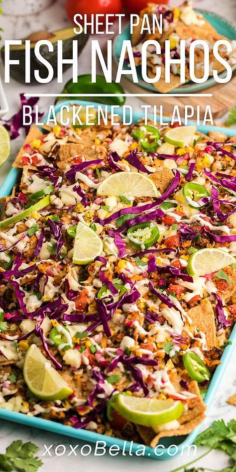 image of nachos on a pan Fish Nachos Recipes, Sheet Pan Fish Tacos, Tilapia Recipes Baked Sheet Pan, Tilapia Sheet Pan, Fish Nachos, Seafood Nachos Recipe, Mexican Fish Recipes, Nachos For Dinner, Seafood Nachos