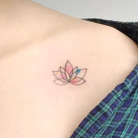 Purple And Blue Lotus Flower Tattoo, Lotus Flower Tattoo Color, Waterlilly Tattoo, Small Chest Tattoo Female, Women's Back Tattoos, Simple Lotus Tattoo, Small Watercolor Tattoo, Small Lotus Tattoo, Water Lily Tattoos