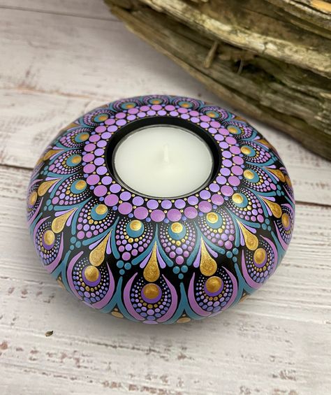 Dot Mandala Tea Light Candle Holder Hand Painted Dot Art Gift Dot Mandala Candle Holder, Mandala Candle Holder, Tealight Holder Ideas, Mandala Candle, Dot Mandela, Stone Mandala, Mandala Canvas, Nails Today, Mandala Designs