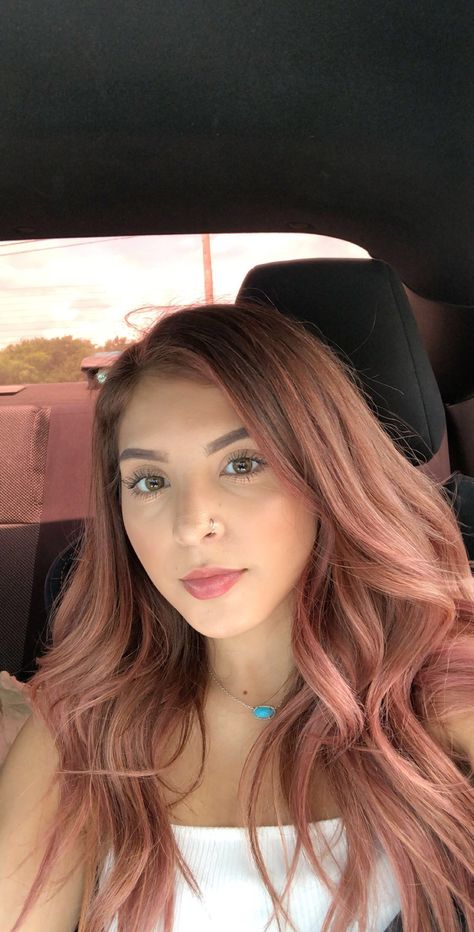 Rose Pink Brunette Hair, Rose Gold Underlights, Rose Gold Melt Hair, Peach Hair Brunette, Rose Copper Balayage, Rose Gold Hair With Dark Roots, Rosegold Haircolor Balayage Brunette, Ashy Rose Gold Hair, Strawberry Brunette Hair Rose Gold