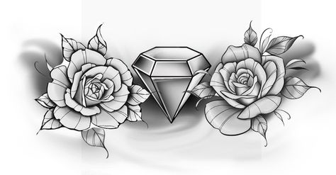 Roses And Diamond Tattoo, Tcb Tattoo, Chest Tattoo Stencils, Diamond Tattoo Designs, Rose And Butterfly Tattoo, Cover Up Tattoos For Women, Diamond Tattoo, Catrina Tattoo, Rose Drawing Tattoo