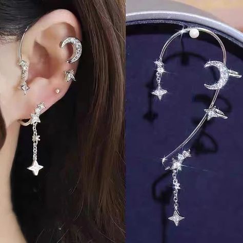 Earrings Aesthetic, Flower Ear, Ear Cuff Earings, Earrings Ear, Moon Jewelry, Fancy Jewelry, Moon Star, Moon Earrings, Cuff Earrings