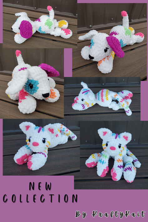 My new plushie collection includes a Lisa Frank style kitten and puppy with fun rainbow colors. Lisa Frank Crochet, Crochet Patterns Plushies, Plushie Collection, Kitten And Puppy, Kittens And Puppies, Lisa Frank, Baby Safe, Handmade Toys, Wyoming