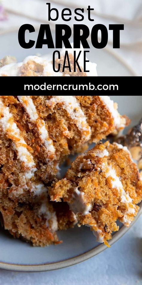 This four layer homemade carrot cake is the best carrot cake you will ever try. Full of shredded carrots, walnuts and spices! This carrot cake is made without pineapple. It always receives rave reviews for how moist the cake is and the perfect ratio of carrot cake to cream cheese frosting. Carrot Cake Recipe Without Pineapple, Southern Carrot Cake Recipe, Carrot Cake Bread, Orange Sweet Rolls, The Best Carrot Cake, Crumb Recipe, Cream Cheese Frosting Cake, Homemade Carrot Cake, Flat Cakes