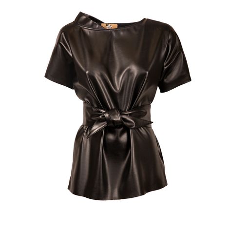 This black blouse is made in soft faux leather. This blouse has short sleeves without seams, which does not completely hinder movement — wherever you are, at a party, while driving or on a date. Decorative detail on the collar makes it asymmetrical. Giving complete versatility, change up its feel by playing with the detail: the belt can be cinched for a feminine look, or wear top with the belt removed for a cool relaxed fit. Blouse is equipped with an invisible zipper at back. Wear the design wi Black Blouse Outfit, Black Blouse Short Sleeve, Sewing Top, Leather Blouse, Shirt Blouses Women's, Woman Clothes, Skirt Shorts, At A Party, Blouse Short Sleeve