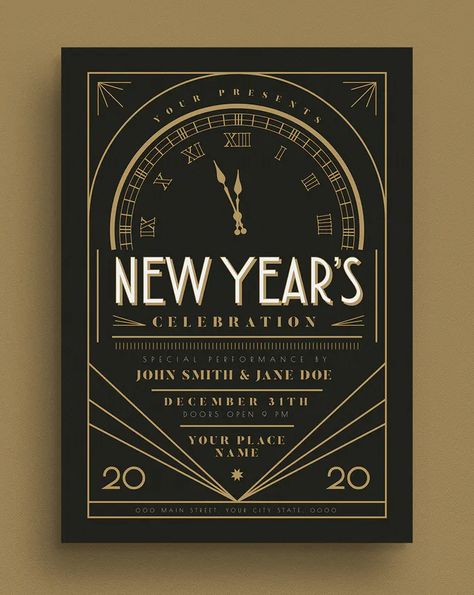 Art Deco New Year, 1920 Typography, New Year Flyer Design, 2025 Poster, Cookies Box, Art Deco Invitations, Culture Festival, Christmas Graphic Design, Wild Hare