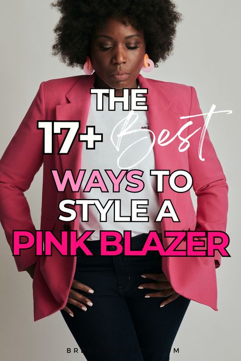 How To Dress A Pink Blazer, Pink Satin Jacket Outfit, Pink Jacket Black Pants Outfit, Black Pants Pink Blazer, Blush Blazer Outfit Work, Pink Blazer Jacket Outfit, Raspberry Blazer Outfit, Mauve Blazer Outfits For Women, Hot Pink Blazer Outfit Fall