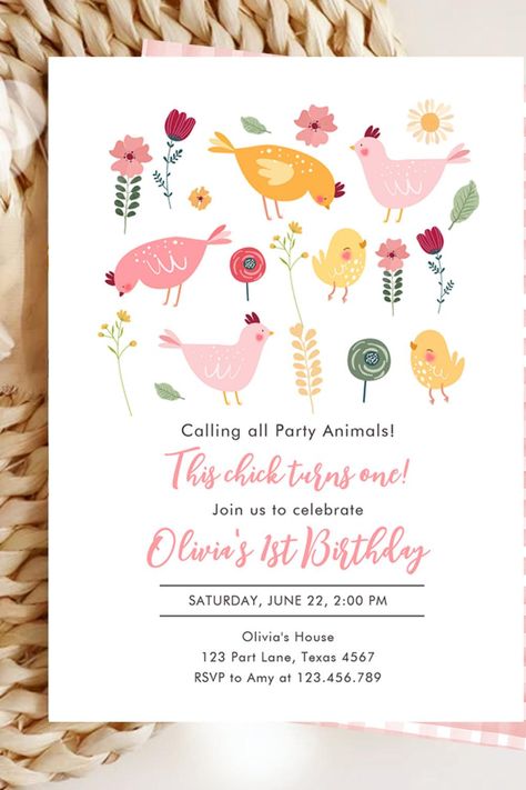 Little Chick Girl Farm Easter Chicken Birthday Invitation This Chick Is Two Birthday, Chicken First Birthday Party, Chick Birthday Party Ideas, This Chick Is One Birthday, Chicken Themed Birthday Party, Easter Birthday Party Ideas, Chicken Birthday Party, Happy Birthday Chicken, Easter Birthday Invitations