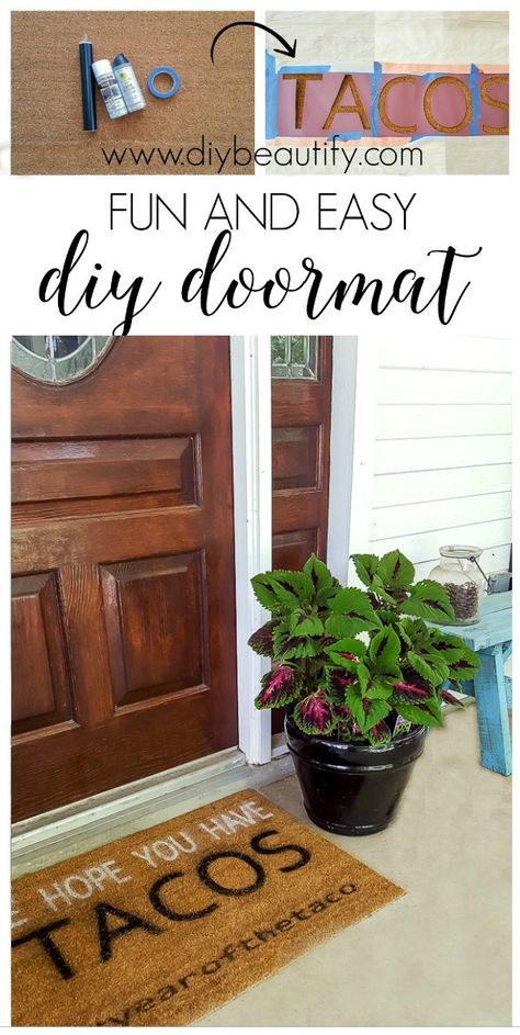 Follow this tutorial to make a custom (fun!) door mat for your front door, and find several DIY door mat ideas! Cricut Doormat, Fun Front Door, Painted Door Mat, Door Mat Ideas, Stenciled Doors, Mat Ideas, Door Mat Diy, Press Printing, Paint Crafts