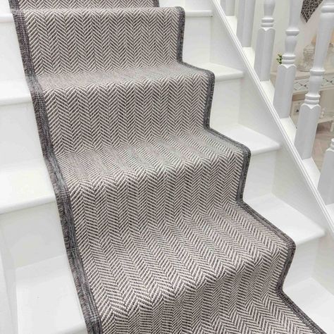 Stairs With Runner, Gray Stair Runner, Grey Stair Carpet, Stair Carpet Runner, Carpet Staircase, Gray Stairs, Stair Rods, Weave Shop, Flat Weave Carpet