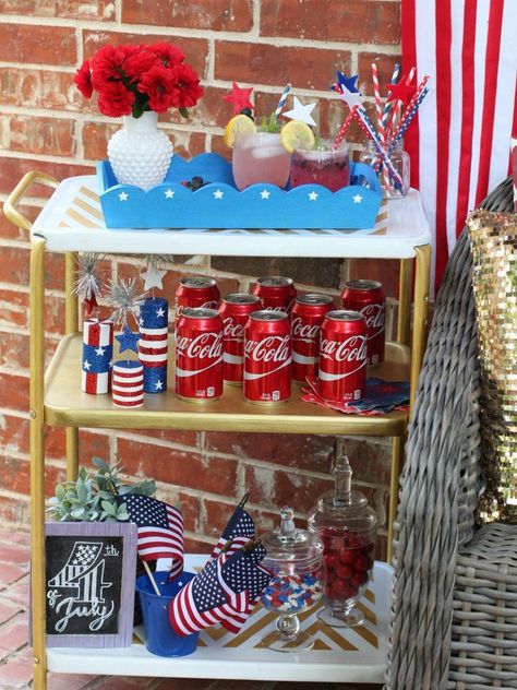 4th Of July Bar Cart, Mexico Party, Northern White Cedar, Diy Bar Cart, Front Porch Makeover, Drink Stand, Cart Ideas, Blue Patio, Outside Bars