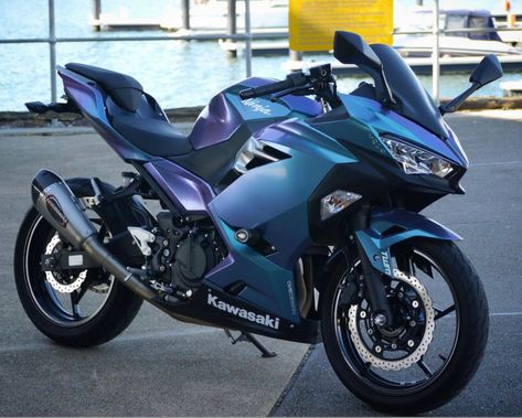 Vinyl wrap Purple Motorcycle, Ninja Bike, Ninja 400, Blue Motorcycle, Motocross Love, Motorcross Bike, Bike Photography, Pretty Bike, Biker Love