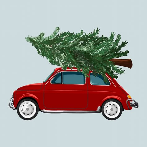 Red Car Christmas Photo, Red Car With Christmas Tree On Top, Christmas Tree Vector, Baby Car With Christmas Tree, Christmas Tree On Car Illustration, Car With Tree Ornament, Driving Home For Christmas, Christmas Tree Drawing, Christmas Car