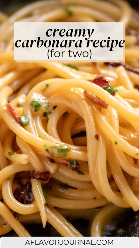 A decadent, delicious bowl of creamy carbonara pasta without any heavy cream! 😍 This pasta recipe is made for two people, and uses bacon, shallots, and olive oil as a base, then an incredible egg yolk and parmesan mixture to make it extra creamy. Have a romantic dinner ready in just 20 minutes! 🍝 #carbonaranocream #carbonararecipe #spaghetticarbonara #creamypasta #pastafortwo #pastarecipes #easypastarecipes #quickpastarecipes #romanticdinner #gourmetspaghetti #gourmetpasta Penne Carbonara Recipe, Carbonara For Two, Creamy Carbonara Recipe, Cabonara Recipes, Carbonara Sauce Recipe, Creamy Bacon Carbonara, Traditional Carbonara Recipe, Creamy Chicken Carbonara, Pasta For Two