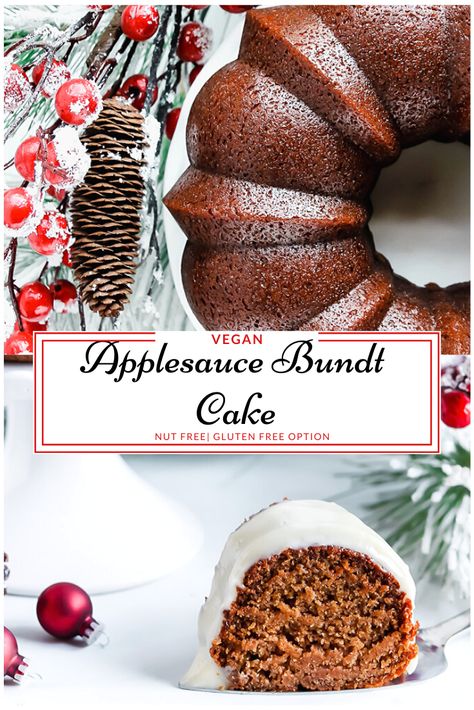 Vegan gluten free Applesauce Bundt cake is a simple recipe for sweet, tender and incredibly moist, lightly spiced, homemade cake from scratch. Crowned with a layer of smooth, cream cheese frosting, this cake is perfect for any type of holiday or celebration.|www.allergylicious.com| #applesaucecake #vegancake #bundtcake #glutenfreecake #nutfreedessert #christmasdessert Applesauce Bundt Cake, Vegan Applesauce, Gluten Free Bundt Cake, Applesauce Spice Cake, Nut Free Desserts, Gf Sweets, Cooking Vegan, Christmas Meals, Dessert Vegan