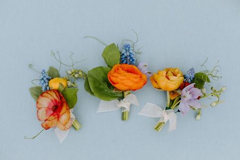 Colorful Spring Boutonnieres, Ranuncula Boutonniere, Whimsical Boutonniere, Spring Boutonniere, Whimsical Spring Wedding, Flower Board, Filler Flowers, Cup Flower, Tin Cup