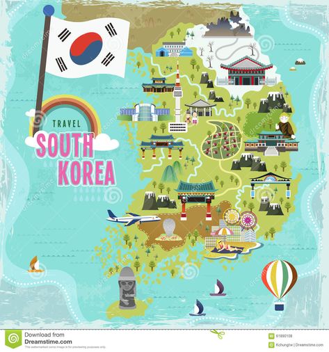 Korea Map, South Korea Flag, Korea Tourism, Paint Vector, South Korea Travel, Travel Map, Korea Travel, Travel South, Illustrated Map