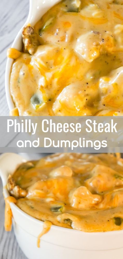 Philly Cheese Steak and Dumplings is an easy dinner recipe that is a fun twist on the classic chicken and dumplings. This thick and creamy dish is loaded with steak strips, green peppers, onions and cheese with Pillsbury biscuit dumplings. Steak And Dumplings, Steak Dumplings, Biscuit Dumplings, Steak Strips, Philly Cheese Steak Recipe, Cheese Steak, Philly Cheese, Easy Dinner Recipe, Philly Cheesesteak