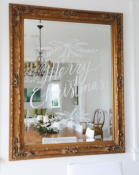 5 Easy Nature-Inspired Holiday Decorating Ideas - House & Home Christmas Mirror Decorations, Christmas Couple Pictures, Christmas Mirror, Gilded Frame, Christmas Writing, Holiday Messages, Natural Christmas, Mirror Painting, Christmas Room