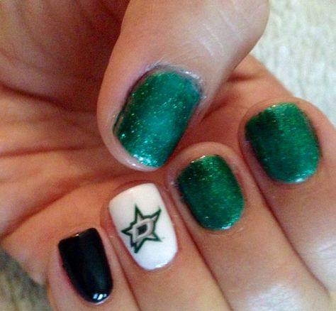 Dallas Stars nail design. Dallas Stars Nails, Stars Nail Design, Hockey Images, Hockey Nails, Stars Nail Art, Nail Star, Cowboy Nails, Stars Nails, Sports Nails