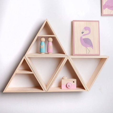 Floating Shelves For Books, Triangle Storage, Shelves For Books, Wood Storage Shelves, Modern Wall Shelf, Triangle Shelf, Triangle Wall, Wooden Floating Shelves, Bead Storage