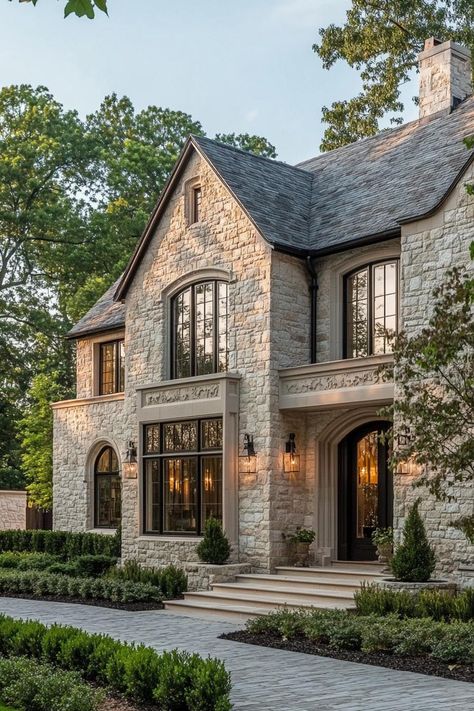 Tudor style stone manor on woodlands facade with vines modern windows cobbleston yard. Roam the grand halls of manor houses, where century-old secrets meet architectural splendor, offering you a taste of noble living without the need to perfect your curtsy. Manor Style Homes, Stone Facade House Exterior, French Tudor Style Homes, Modern Tudor House, Types Of Houses Styles, Tudor House Exterior, Home Design Architecture, Cottage Houses, House Checklist