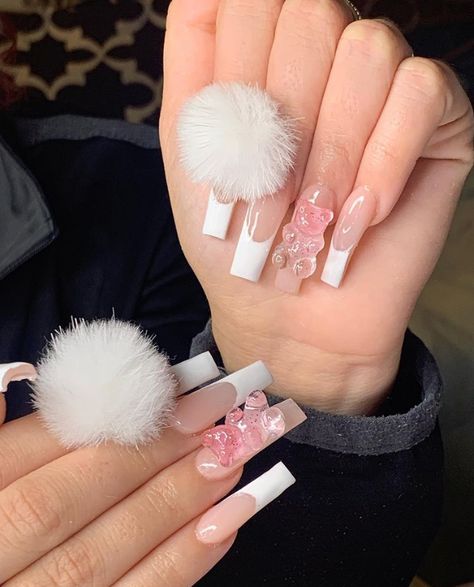 Nails With Fuzzy Ball, Bears Nails, Long Acrylic Nail Designs, Long Acrylic Nails Coffin, Kawaii Nails, Acrylic Nails Coffin Short, Long Square Acrylic Nails, Bling Acrylic Nails, Pink Acrylic Nails