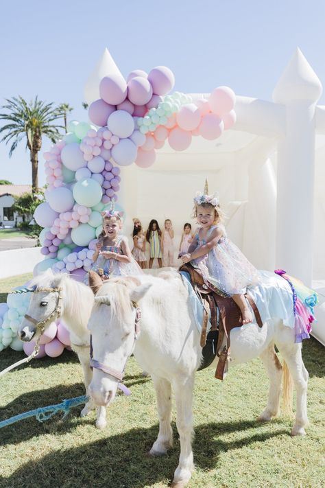 A Toddler’s Dream Party! — Pop of Color Balloon Design Princess And Pony Birthday Party, Unicorn Pony Party, Princess Unicorn Birthday Party, Unicorn Princess Birthday Party, Unicorn House, White Bounce House, Paris Themed Birthday Party, 13th Birthday Party, Birthday Party Balloons